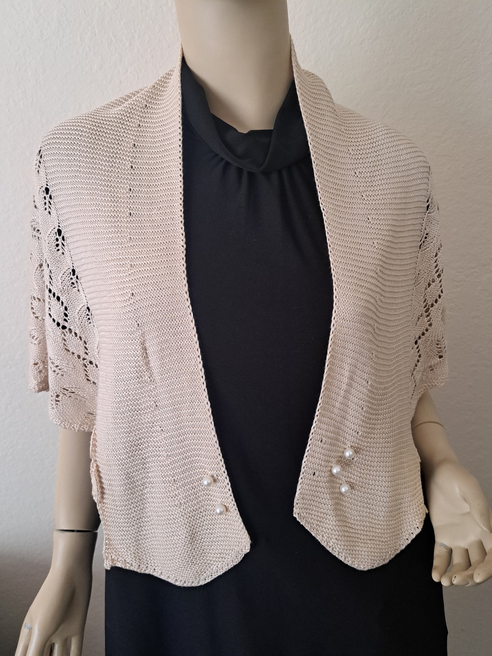 Cream Open-Front Short Sleeve Knit Shrug with Pearl Detail - Women Sweaters